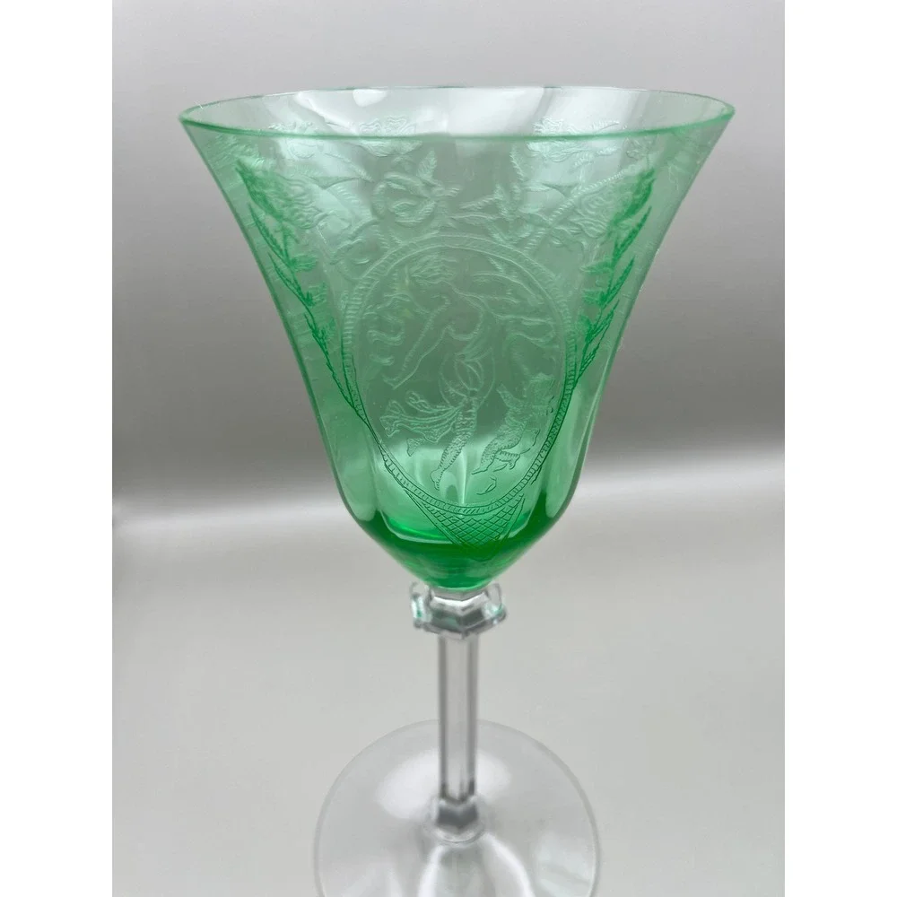 European‎ Uranium Hock Wine Goblets Etched Classic Lady Putto Green Set As Is
